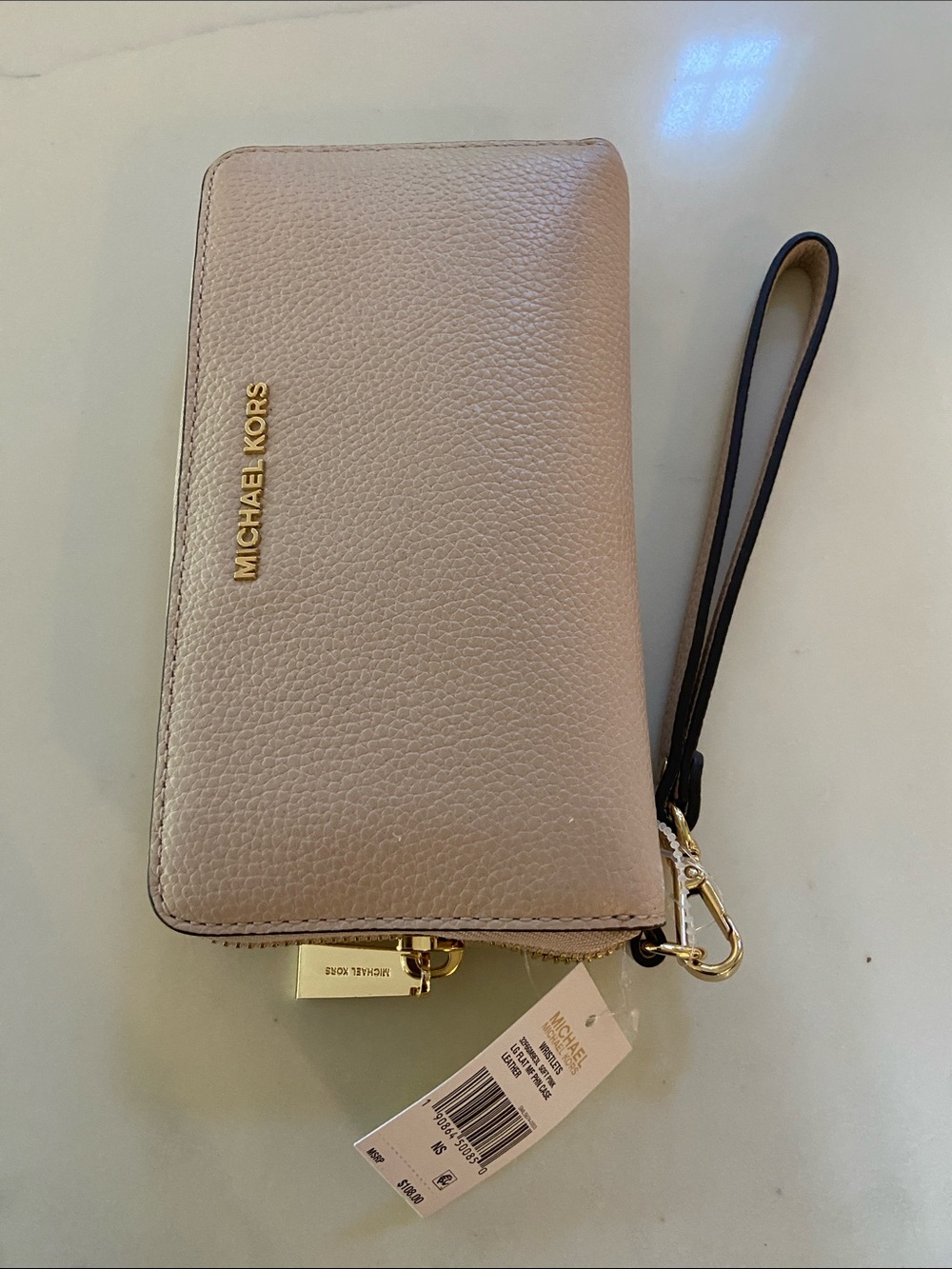 Michael Kors Pale Blush Pebbled Leather Wristlet Clutch with Gold Hardware